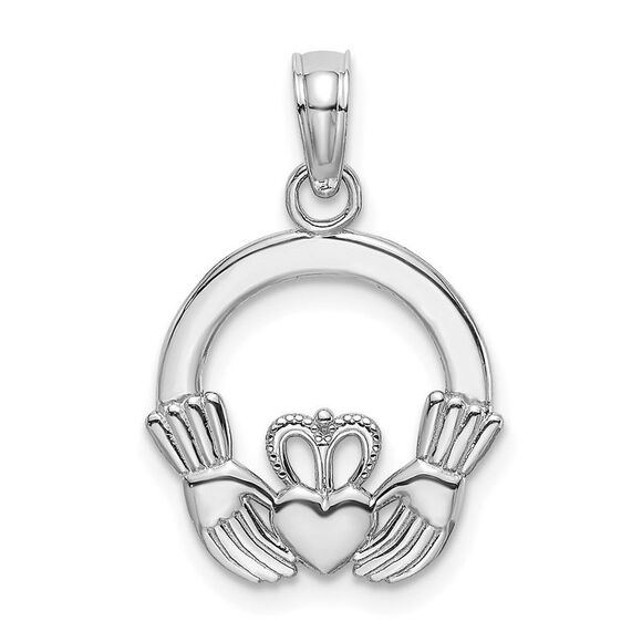 14k White Gold Polished Round Claddagh Charm
